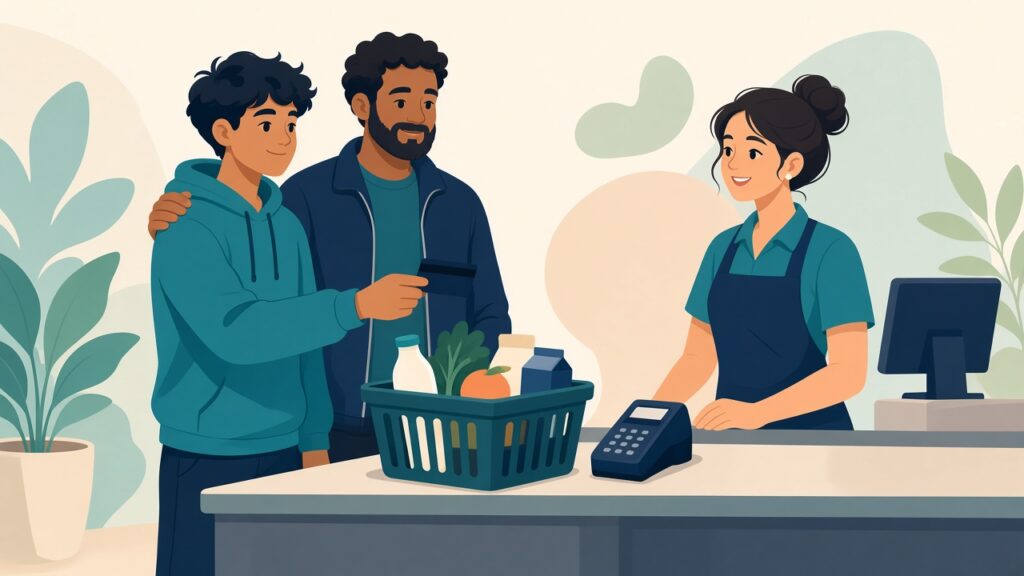 Teen practicing paying at a store checkout with a coach