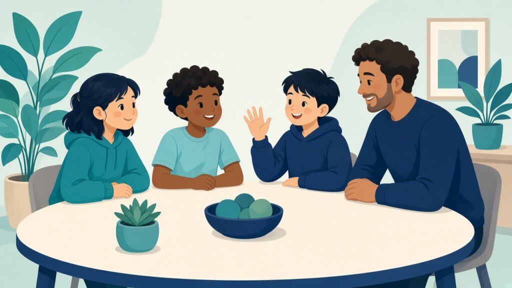 Coach and a small group of kids practicing conversation skills around a table